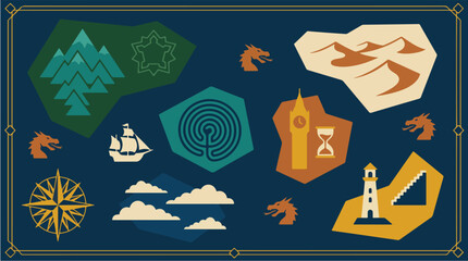 Surreal Cosmic Map with Dream Landscapes Charted as Celestial Geography — Flat Vector Illustration for Creativity, Travel, and Psychology Concepts © Vecto Graph