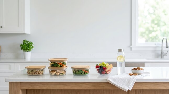 Clean kitchen island with healthy meal prep containers and snacks