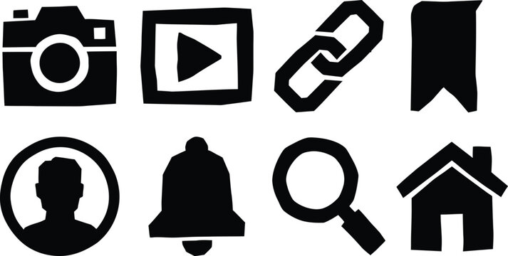 Minimalist black and white icon set with camera play button link flag user bell magnifying glass and house