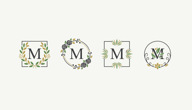 Set of four elegant letter M logos decorated with floral frames including leaves, flowers, and vines for branding identity.