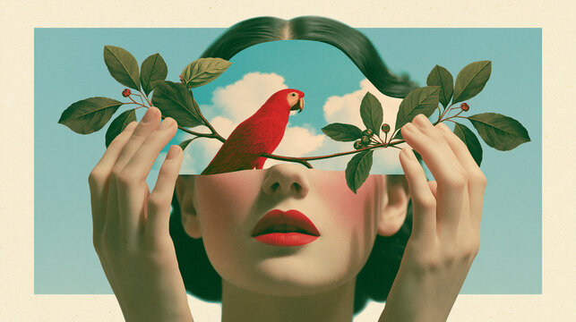 Surreal vintage collage portrait of woman with scarlet parrot, botanical branches and hidden eyes, retro conceptual art inspired by surrealism