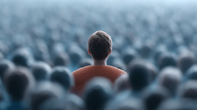 Person standing confidently facing a crowd, overcoming social anxiety, fear of public speaking and self confidence growth concept