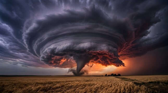Tornado forms a massive funnel cloud over a golden wheat field at sunset time.