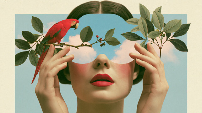 Surreal vintage collage portrait of woman with scarlet parrot, botanical branches and hidden eyes, retro conceptual art inspired by surrealism