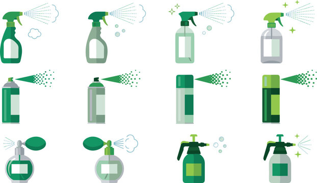 Green Spray Bottle and Aerosol Can Icon Set with Trigger Sprayers, Perfume Atomizers, Pressure Pump Bottles, and Mist Disinfectant Fluid Symbols