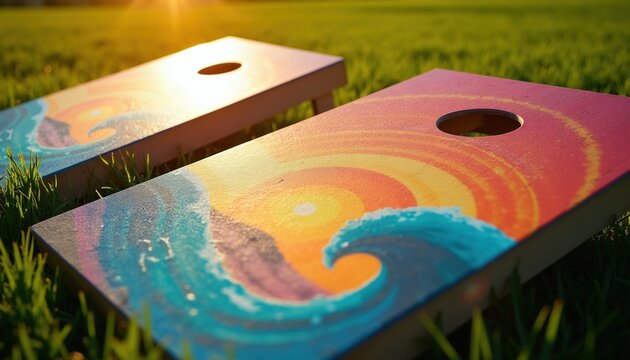 Two cornhole boards with surf art design sit on grass during golden hour. Boards feature vibrant sunset and ocean waves graphics perfect for outdoor leisure. Ready for game fun.