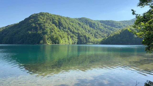 Clear turquoise water at Plitvice Lakes with forest hills and reflection. The video represents concepts of nature, purity, tranquility and scenic landscape