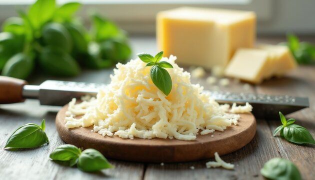 Pile of shredded cheese sits on wooden board next to grater and basil leaves. A block of cheese rests in background. Food preparation for meal.