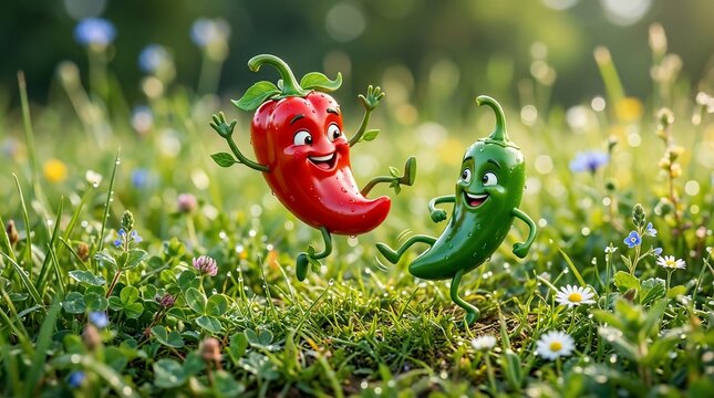 Pepper cartoon characters in green grass with flowers
