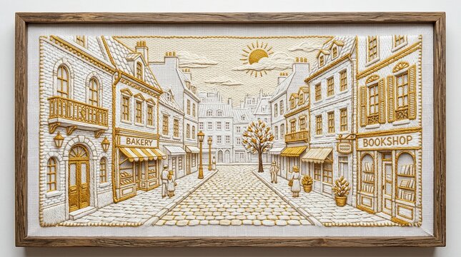 Cobblestone street with bakery and bookshop on sunny day