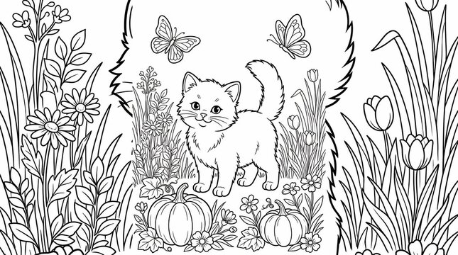 Cute kitten playing in garden with flowers and pumpkins