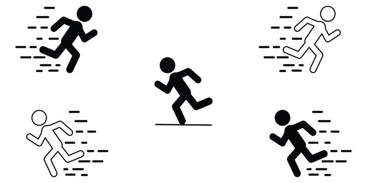 Stick Figure Running Icon Set, Athletic Motion Symbols in Outline and Solid Styles Vector Illustration