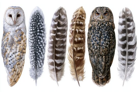 Six types of owl feathers are arranged together in a flat lay. Each feather has a name position with a watercolor effect and a white background.