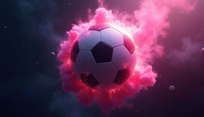 Fototapeta premium Soccer ball floats in space surrounded by pink cosmic clouds and glowing particles. Exploding stars create fiery effect. Dark void background with distant planets.