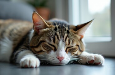 Fototapeta premium Tabby and white cat slepic peacefully on floor, resting indoors. Fluffy feline with closed eyes shows relaxation and comfort near window. Calm domestic pet naps comfortably at home.