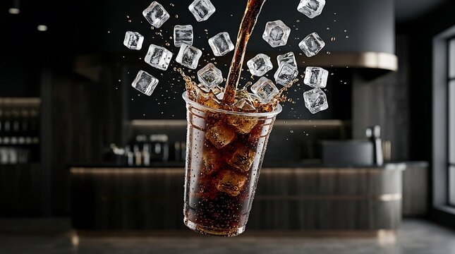 Refreshing cold cola soda drink in a plastic cup with falling ice cubes splashing in a modern cafe. fountain soda cup