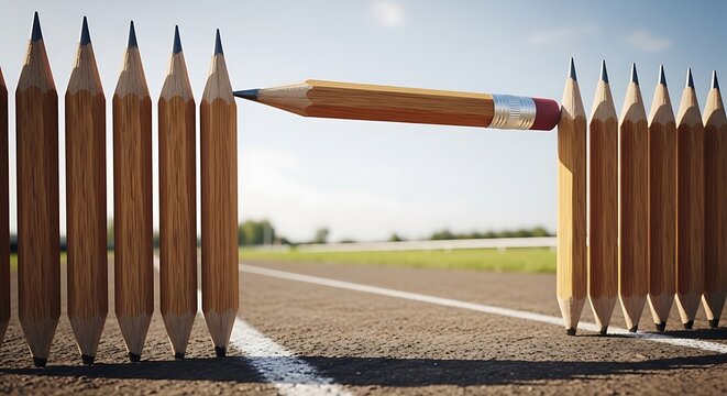 Horizontal pencil bridging a gap between vertical pencils on a track