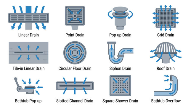 Bathroom and Kitchen Drains: Linear, Point, Pop-up, Grid, Siphon, Roof Types