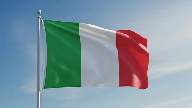 The Italian national flag waves gently on a silver flagpole against a bright blue sky with soft clouds
