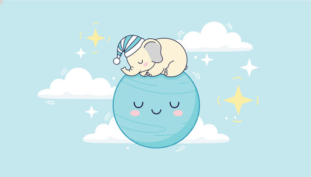 Cute little baby elephant wearing a striped nightcap sleeping on a smiling blue planet in a starry night sky with fluffy clouds for kids art.
