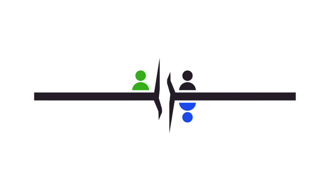 Abstract representation of two distinct groups of people separated on a horizontal line, symbolizing division or different teams on an isolated white background.