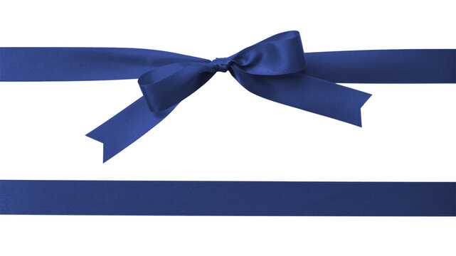 Dark blue bow ribbon band satin navy stripe fabric (PNG isolated on transparent background) for Christmas holiday gift box, greeting card banner, present wrap design decoration ornament