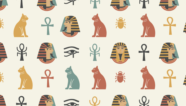Ancient Egyptian pattern featuring symbols like cats, pharaoh heads, ankhs, and scarabs on a light textured background.
