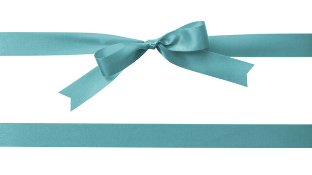 Teal bow ribbon band satin blue stripe fabric (isolated on white background with clipping path) for holiday gift box, wedding greeting card banner, present wrap design decoration ornament
