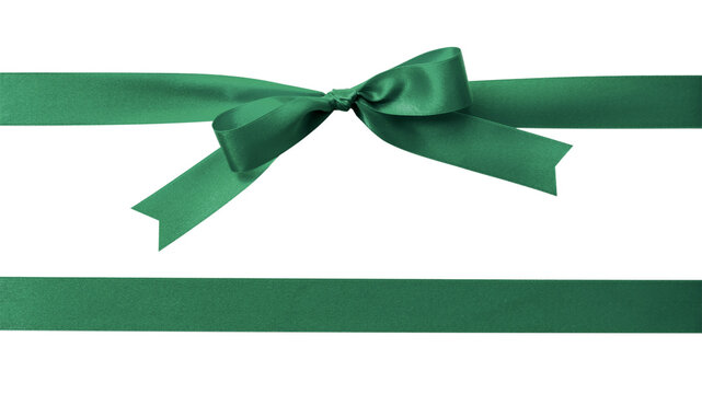 Green bow ribbon band satin emerald stripe fabric (PNG isolated on transparent background) for Christmas holiday gift box, greeting card banner, present wrap design decoration ornament