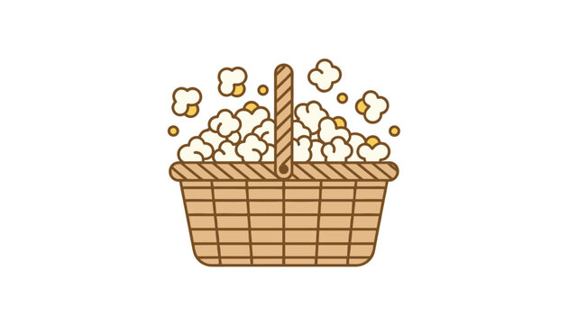Basket filled with fresh popcorn featuring popped kernels scattered around the top, isolated on a clean white background.