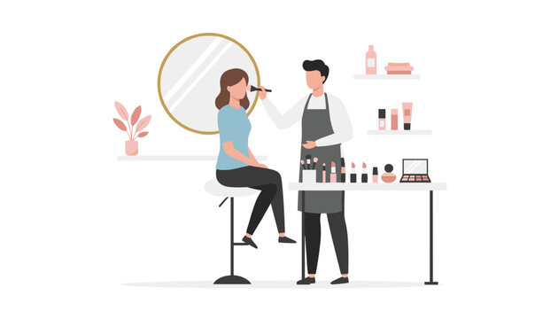 Professional makeup artist applying blush on a woman sitting in a chair in a beauty salon with vanity mirror.