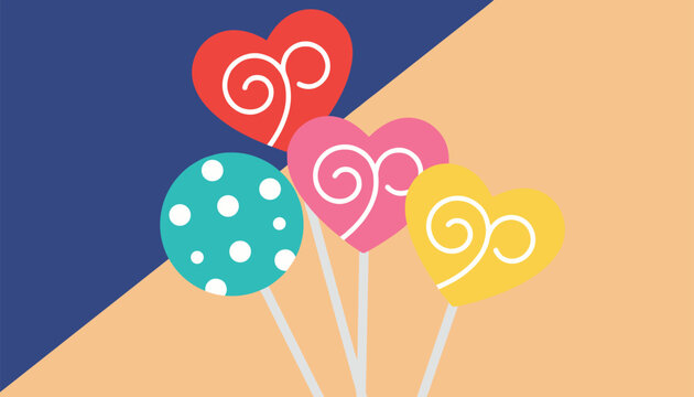 Four heart-shaped and round lollipops with swirls on sticks against a two-tone blue and orange background for a sweet candy celebration design.