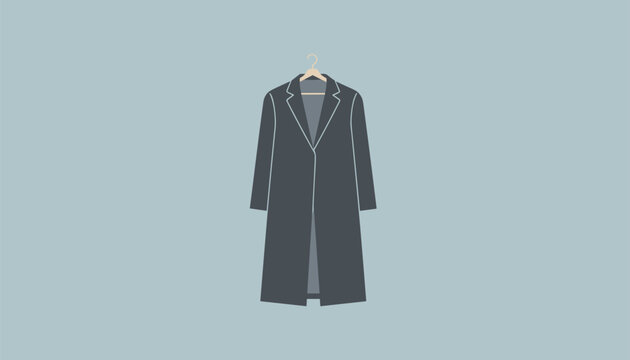 Simple dark gray coat hanging on a wooden hanger against a soft blue background for a minimalist fashion and clothing store apparel display.