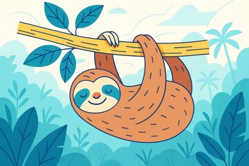 Naklejka premium Cute smiling sloth hanging from tree branch in stylized forest with light blue foliage and dreamy tropical background concept in cartoon style. Ai generative