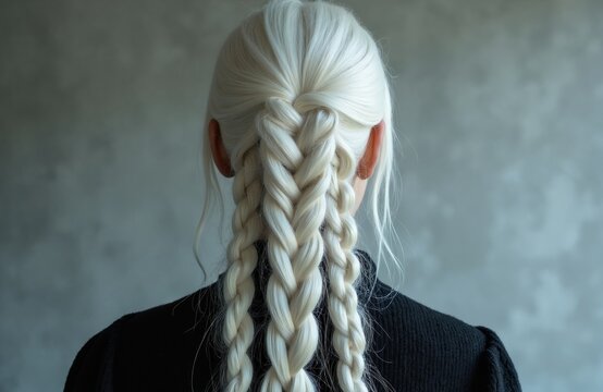 Woman with long white braided hair wears black dress. Elegant hairstyle from behind, with textured braid detail. Sophisticated look, modern style.