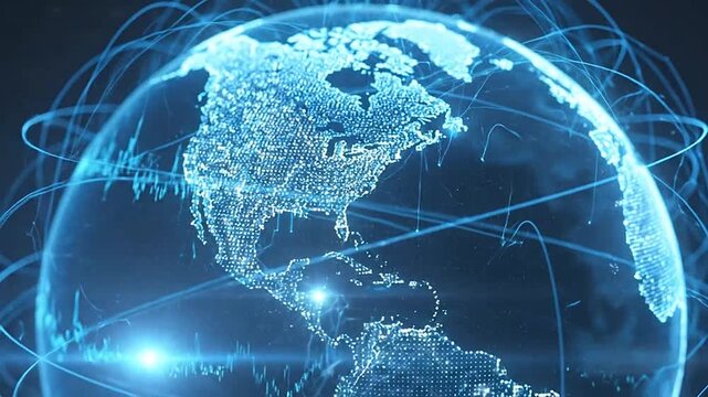 Digital blue globe with interconnected network lines and data streams on dark background
