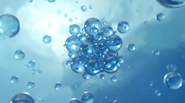 Abstract blue water bubbles floating and merging in a bright, clean liquid environment