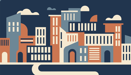 Obraz premium Modern city skyline with colorful buildings, clouds, and a winding road in a flat design style representing urban life and growth.