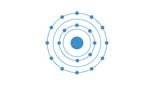 Scientific diagram of an atom showing a nucleus at the center with orbiting electrons on circular paths in a clear blue color.