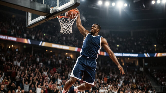 Professional Basketball Player Performing Powerful Slam Dunk in Packed Indoor Arena During Championship Game