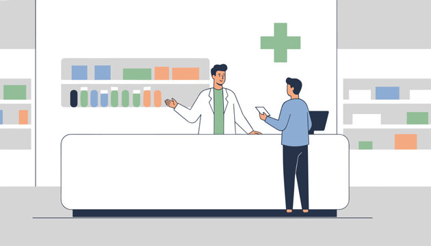 Friendly pharmacist explaining medication to a customer at a pharmacy counter with shelves full of medicine bottles in the background.