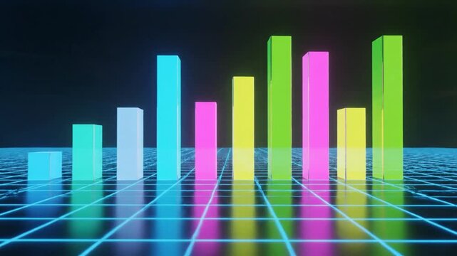 Colorful 3D bar chart glowing on digital grid background