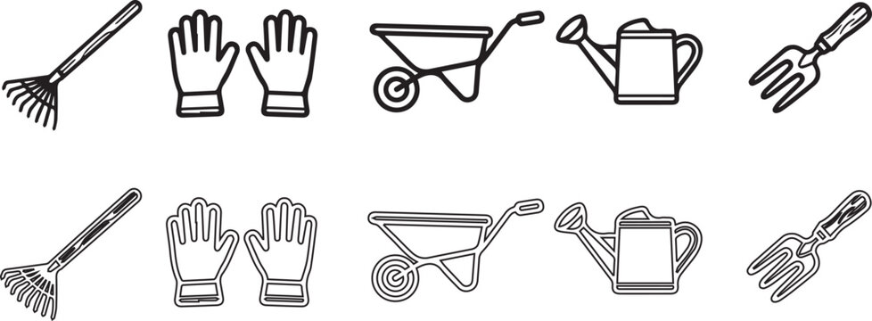 Gardening tool icons collection featuring rake gloves wheelbarrow watering can and hand fork symbols.