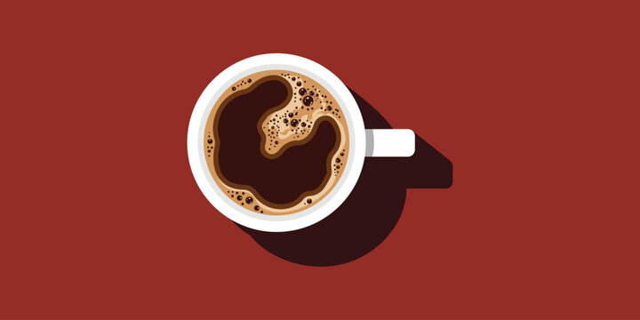 A white mug filled with coffee on a red background with shadow