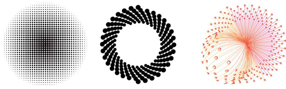 Abstract halftone dots and circular geometric vector shapes with colorful dandelion burst design.