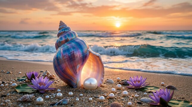 Beautiful seashell with pearl on beach at sunset