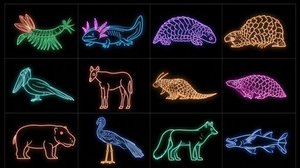 Fototapeta premium Set of neon outline art showcasing ten different animals on black tiles. Each design is lighted with vibrant colors in a creative format.