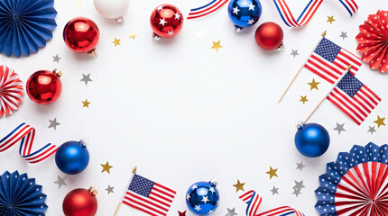 Obraz premium Celebrate 4th of July with festive decorations and American flags on a luxury flat lay