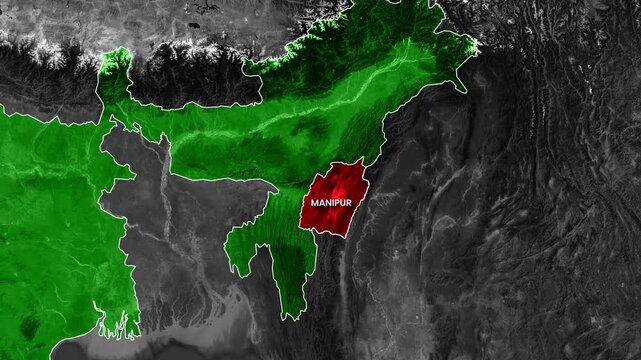 Animated map highlighting the Manipur region within India in motion
