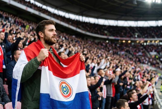 Paraguayan football fan cheering in stadium crowd